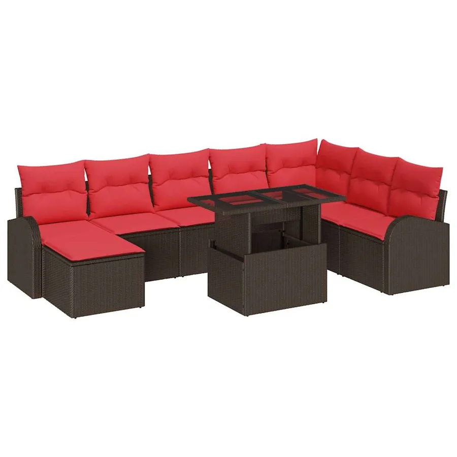 Ensemble de canapé de jardin 9 pcs Marron et rouge polyrotin - 2