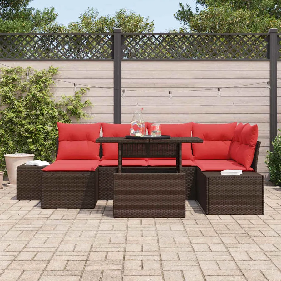 Ensemble de canapé de jardin avec coussin 7 pcs Marron et rouge - 3