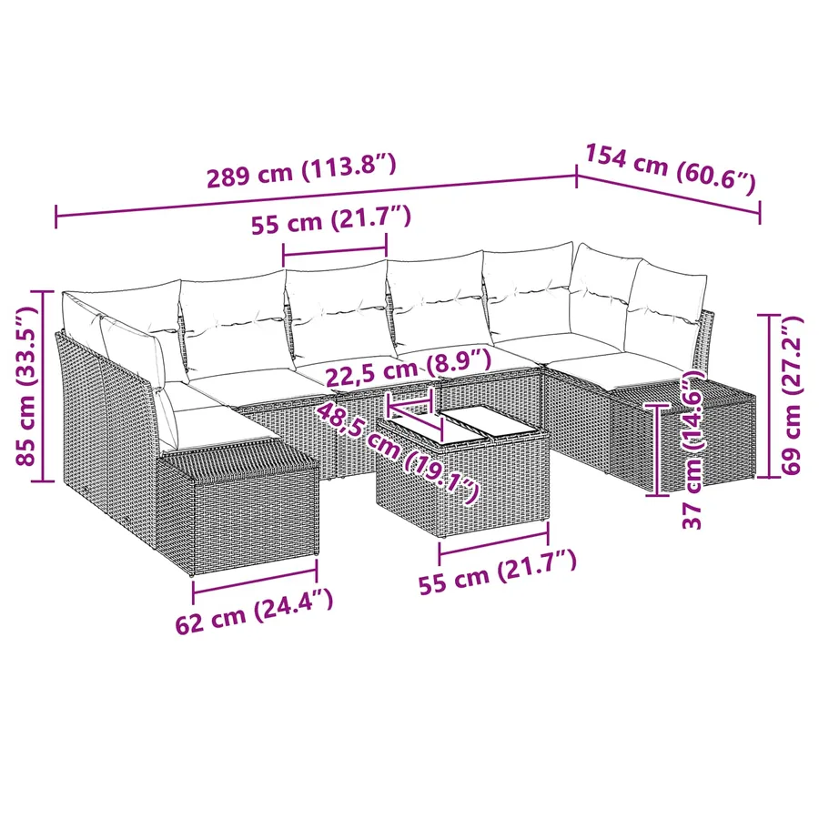 Ensemble de canapé de jardin 8 pcs Marron polyrotin - 9