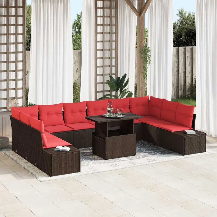 Ensemble de canapé de jardin 11 pcs Marron et rouge polyrotin