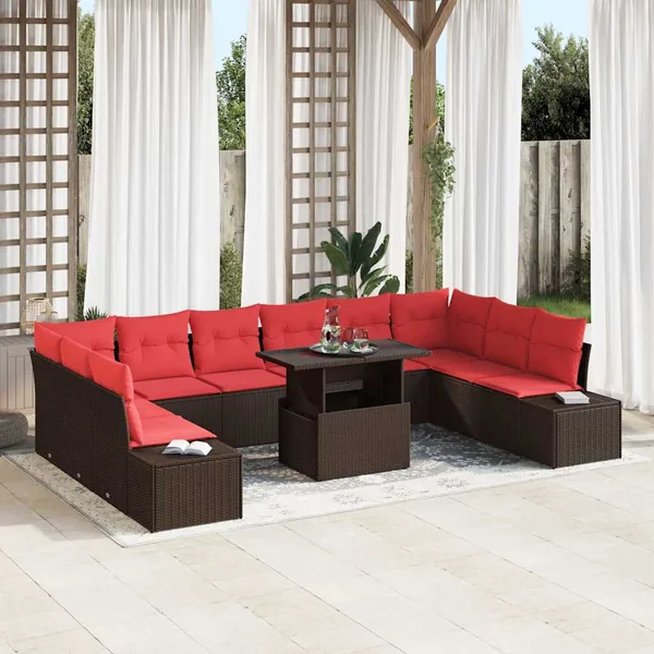 Ensemble de canapé de jardin 11 pcs Marron et rouge polyrotin