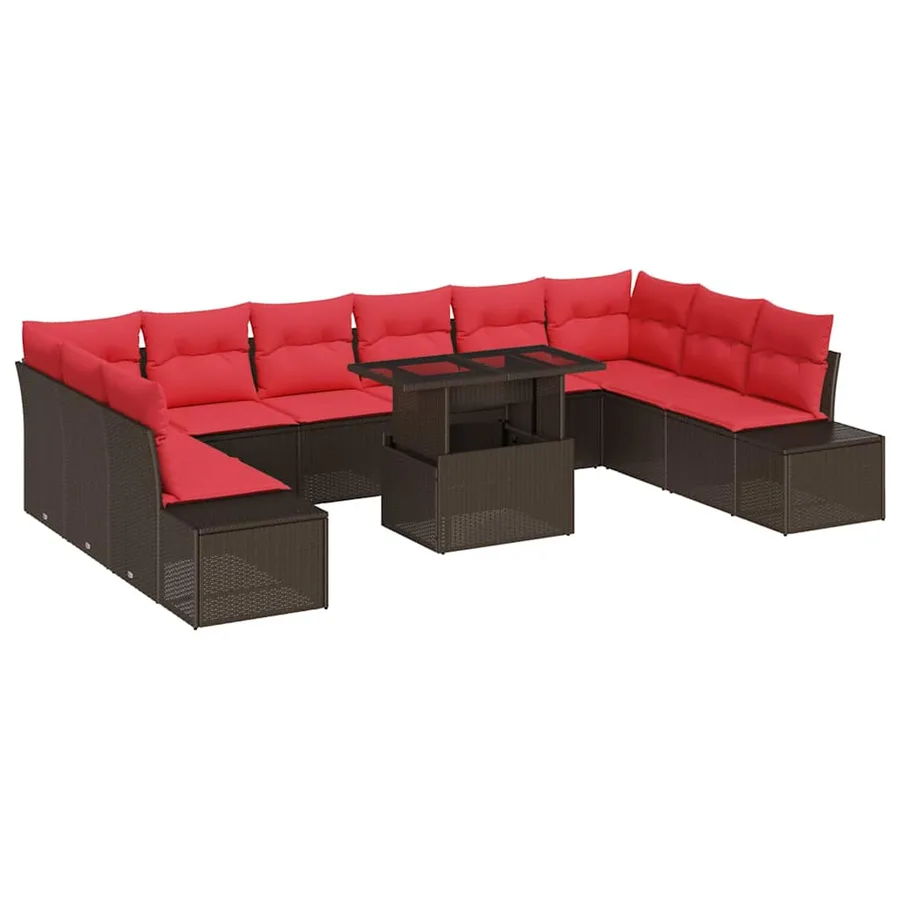 Ensemble de canapé de jardin 11 pcs Marron et rouge polyrotin - 2