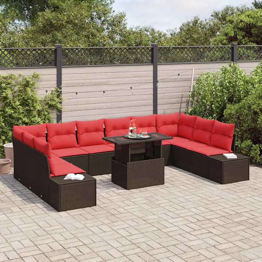 Ensemble de canapé de jardin 11 pcs Marron et rouge polyrotin - 3