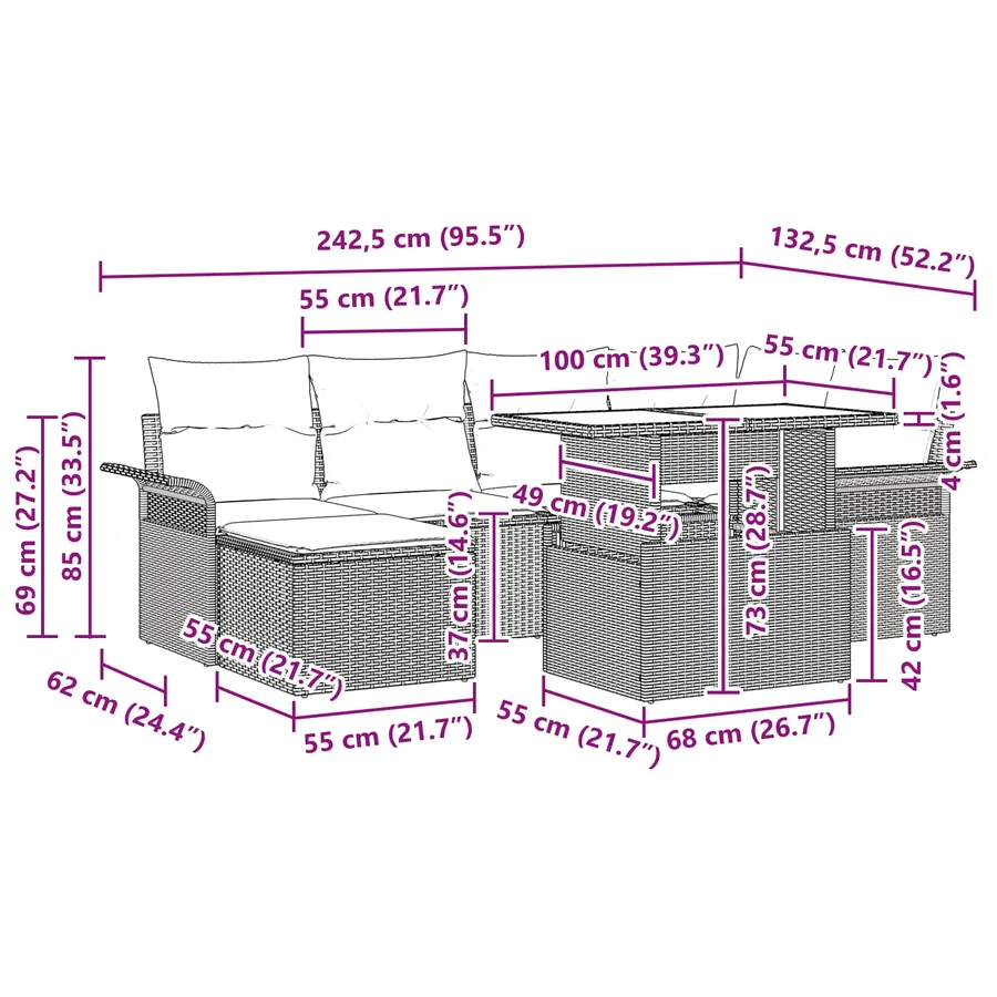 Ensemble de canapé de jardin avec coussin 7 pcs Gris polyrotin - 12