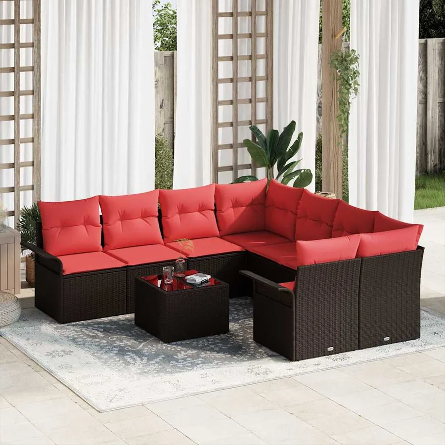 Ensemble de canapé de jardin 9 pcs Marron et rouge polyrotin