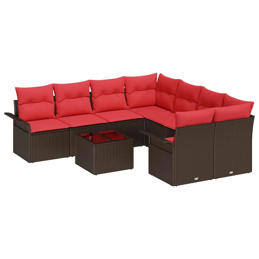 Ensemble de canapé de jardin 9 pcs Marron et rouge polyrotin - 2