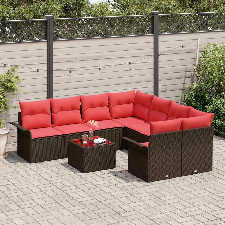 Ensemble de canapé de jardin 9 pcs Marron et rouge polyrotin - 3