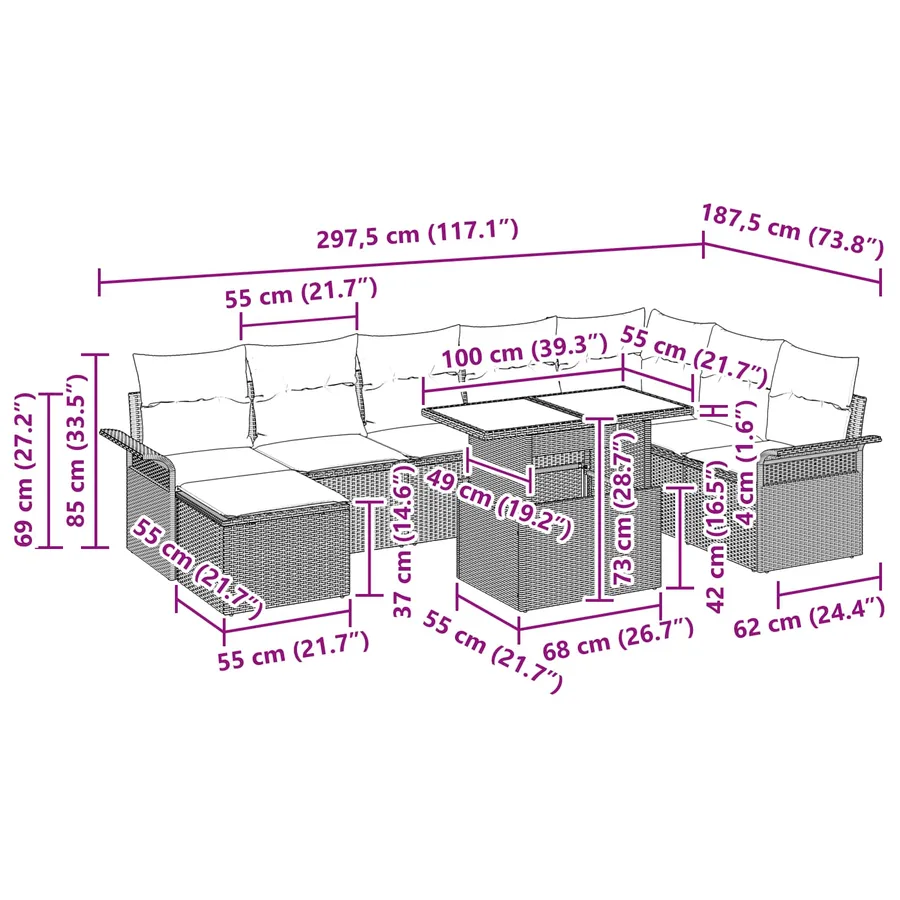 Ensemble de canapé de jardin 9 pcs Marron Poly rotin - 12