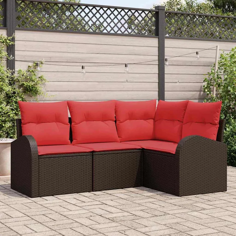 Ensemble de canapé de jardin 4 pcs Marron et rouge polyrotin
