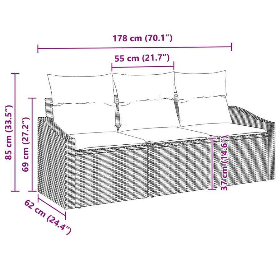 Ensemble de Canapés avec coussin 3 pcs Noir polyrotin - 7