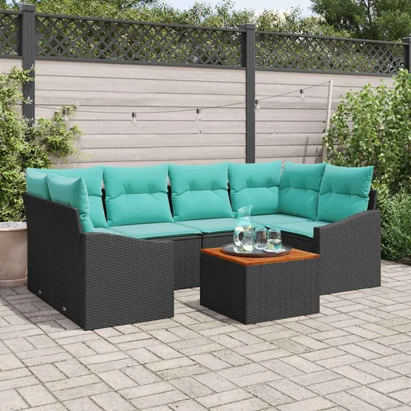 Ensemble de canapé de jardin avec coussin 7 pcs Noir polyrotin