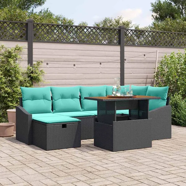 Ensemble de canapé de jardin avec coussin 7 pcs Noir polyrotin