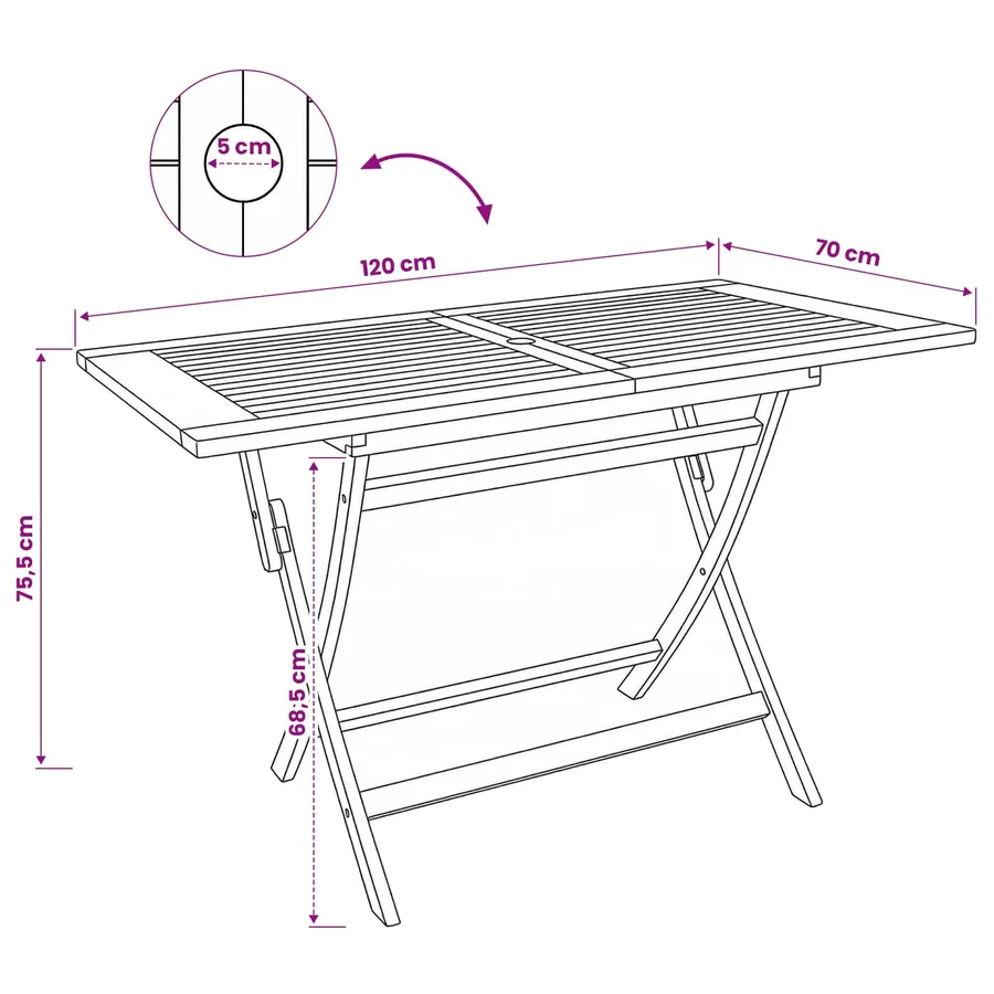 Table de jardin pliante Naturel 120 x 70 x 75,5 cm - 9