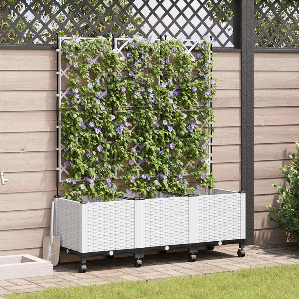 Bac de jardin avec treillis et roues 3 pc Blanc PP