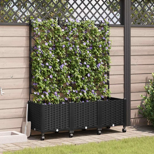 Bac de jardin avec treillis et roues 3 pc Noir PP