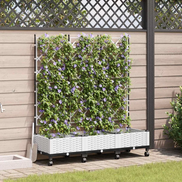 Bac de jardin avec treillis et roues 3 pc Blanc PP