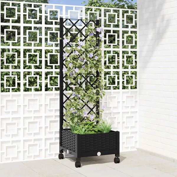 Bac de jardin avec treillis et roues Noir 40 x 40 x 131,5 cm PP