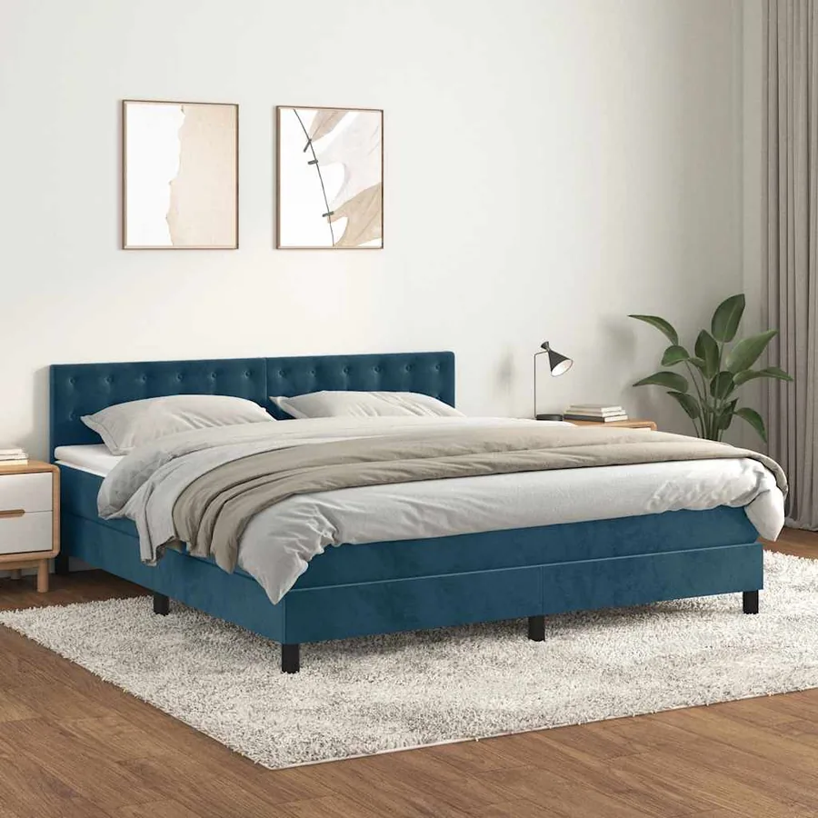 Sommier à lattes de lit et matelas Bleu foncé 160x200cm Velours