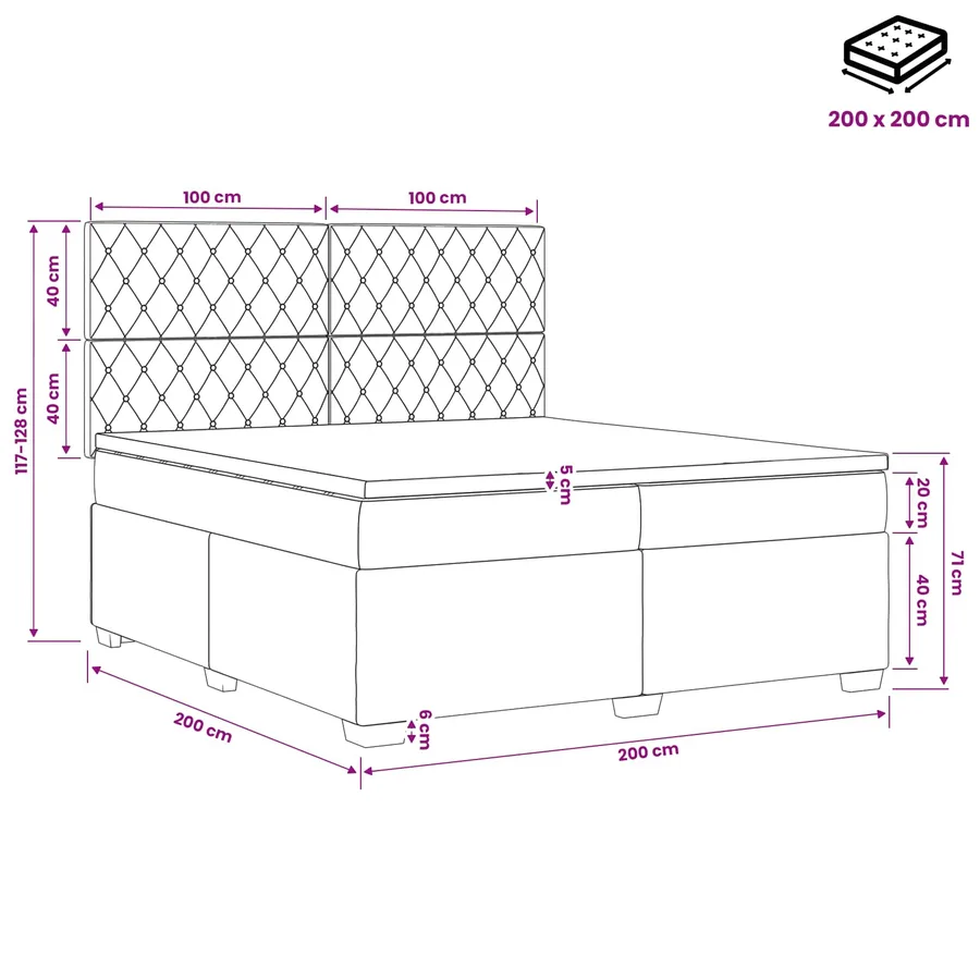 Lit boxspring LED avec matelas Gris clair 200 x 200 cm Velours - 11