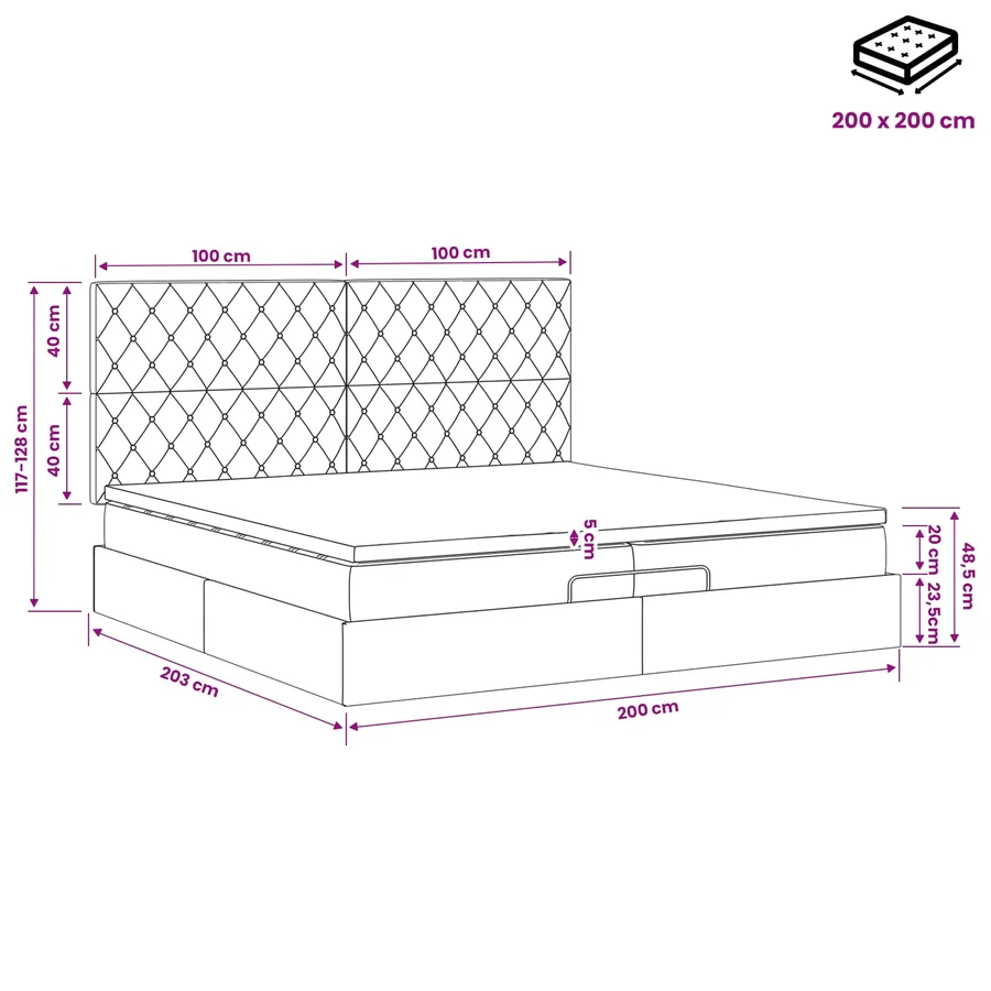 Lit ottoman avec matelas Gris clair 200 x 200 cm Velours - 11