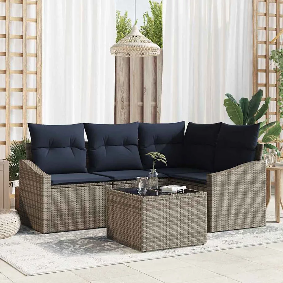Ensemble de canapé de jardin 5 pcs Gris et marine polyrotin