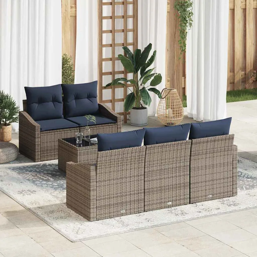 Ensemble de Canapés avec coussin 6 pcs Gris et marine polyrotin