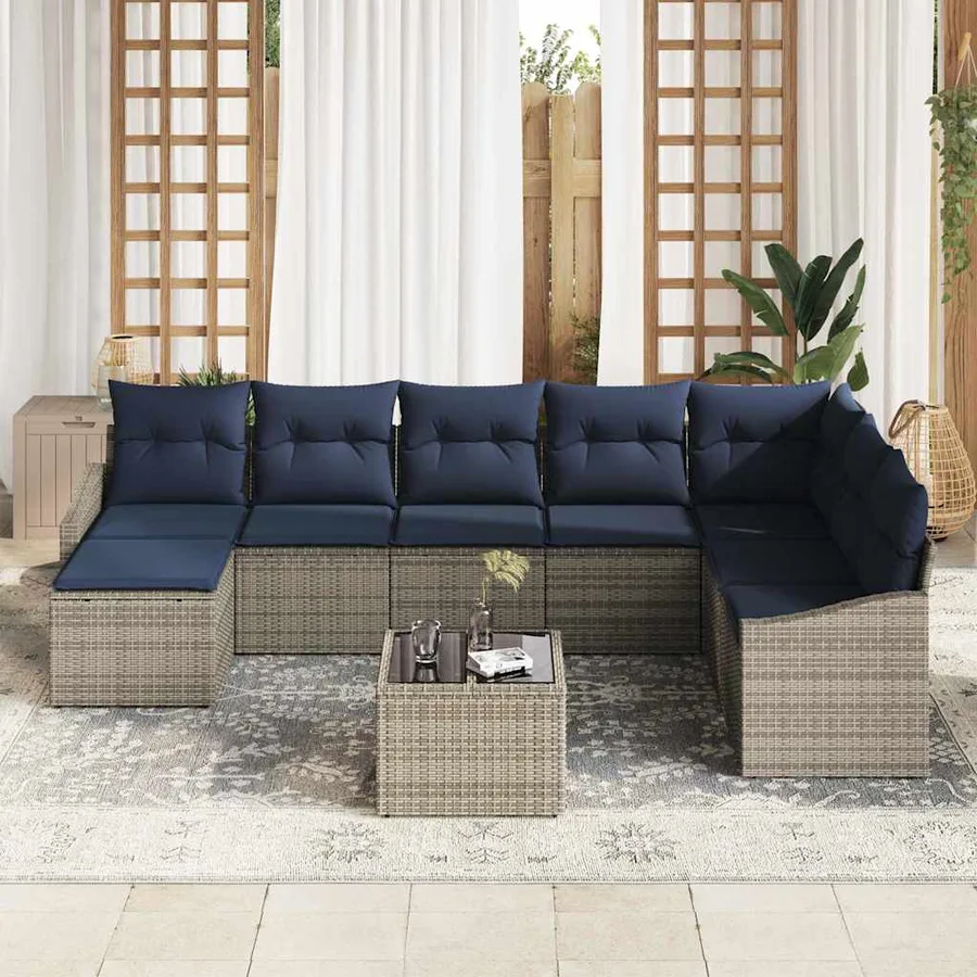 Ensemble de canapé de jardin 8 pcs Gris et marine polyrotin - 3