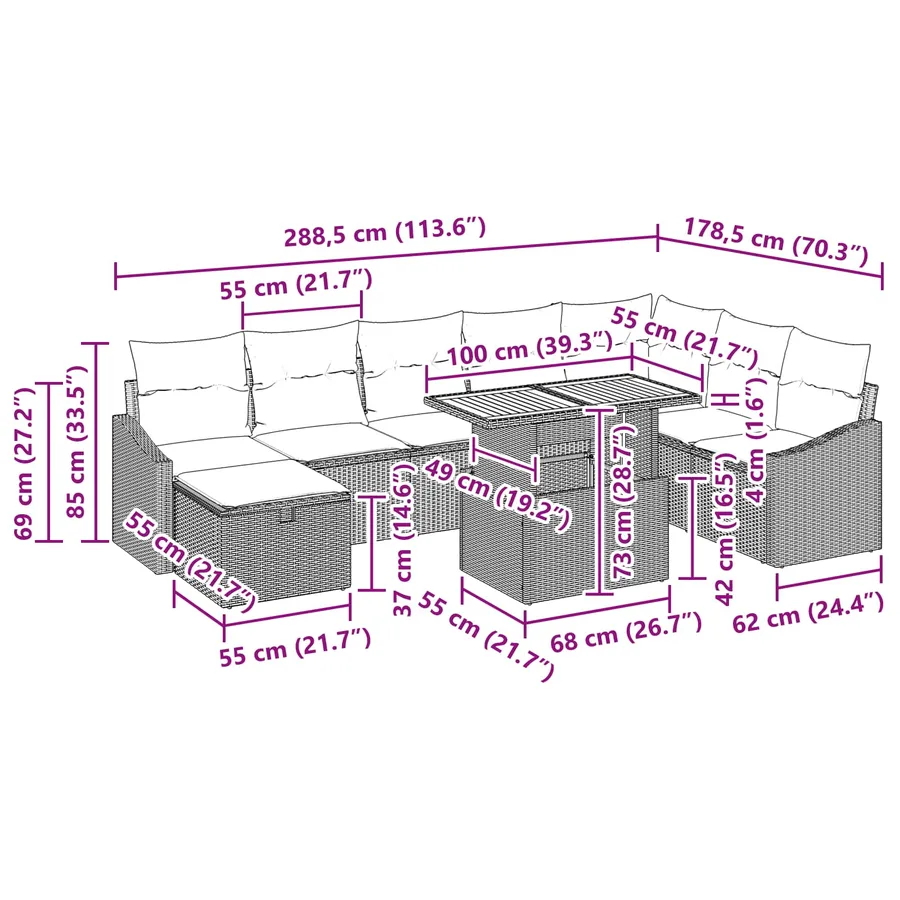 Ensemble de canapé de jardin 9 pcs Gris polyrotin - 17
