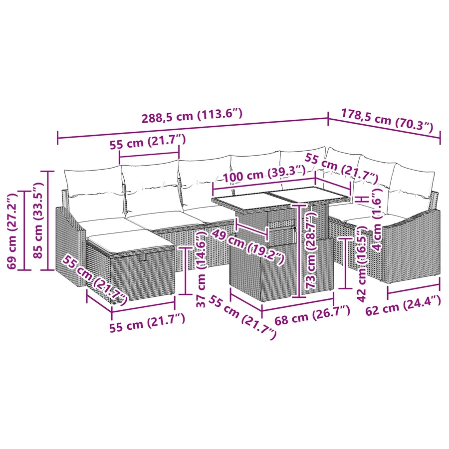 Ensemble de canapé de jardin avec coussin 9 pcs Gris polyrotin - 17