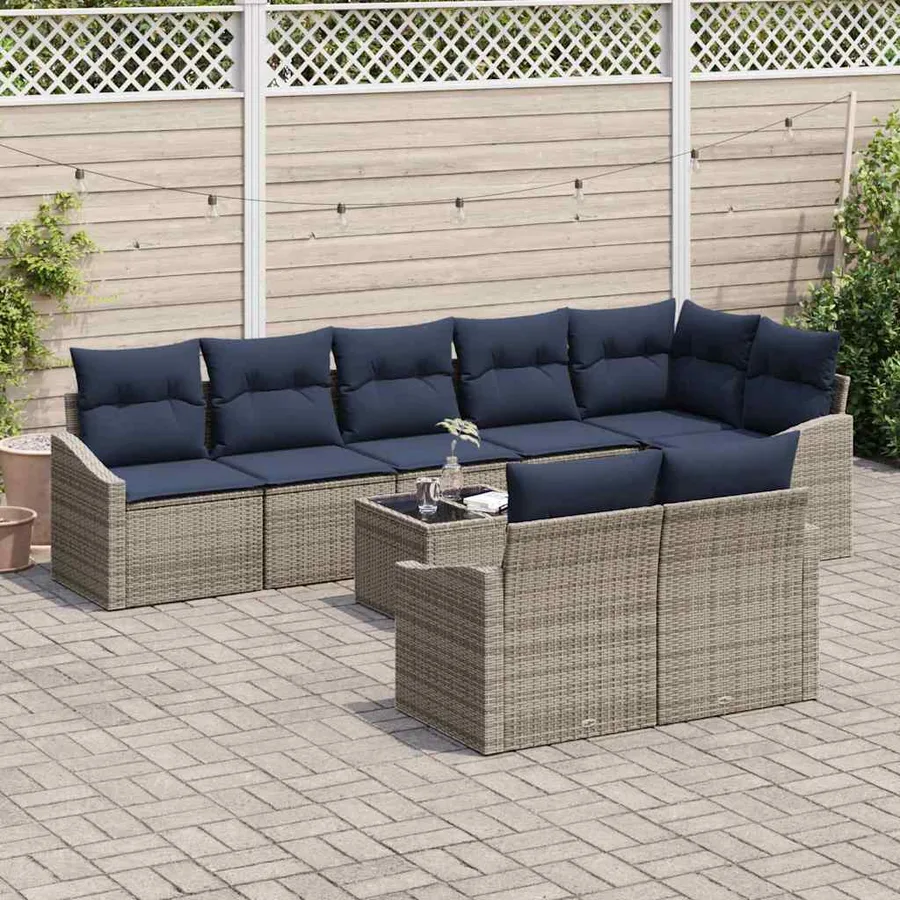 Ensemble de canapé de jardin 9 pcs Gris et marine polyrotin - 3