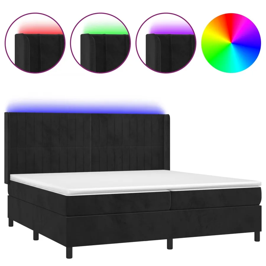 Sommier à lattes de lit matelas et LED Noir 200x200 cm Velours - 2