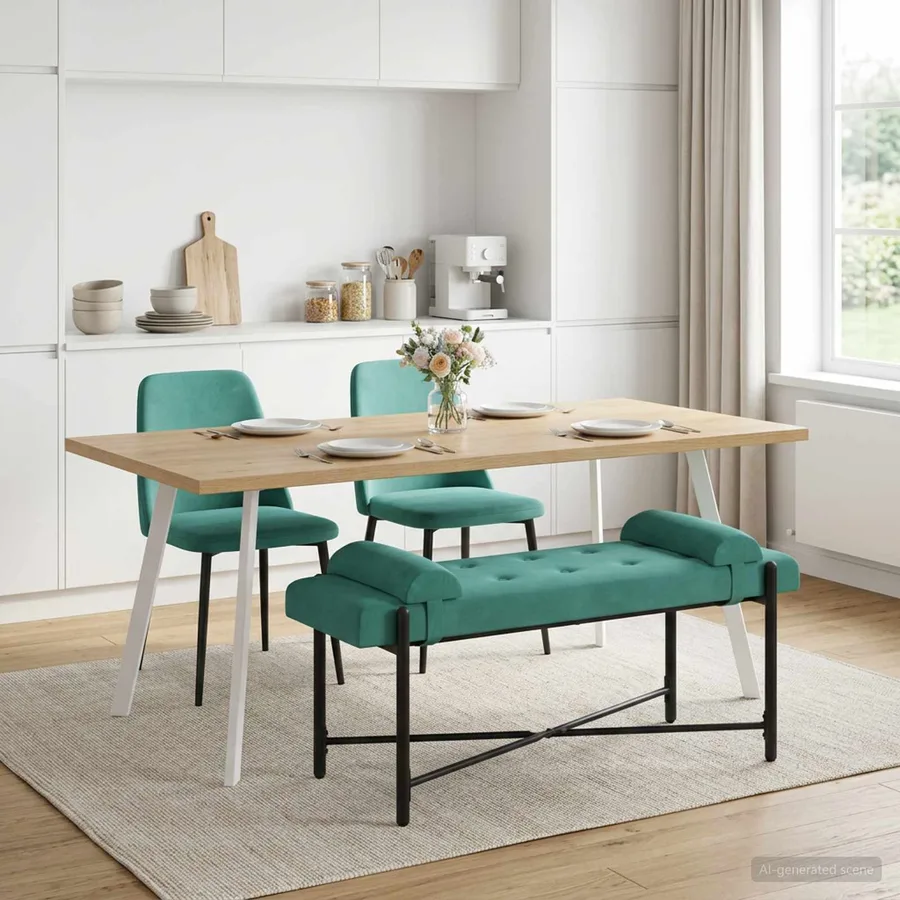 Banc capitonné à boutons avec coussins Turquoise Velours - 3