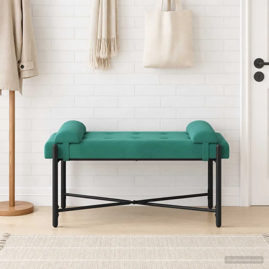 Banc capitonné à boutons avec coussins Turquoise Velours - 4