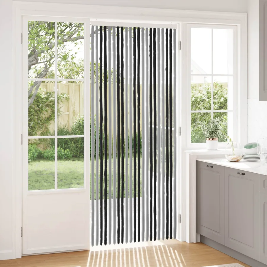 Rideau anti-insectes en chenille Gris et Noir 90 x 220 cm