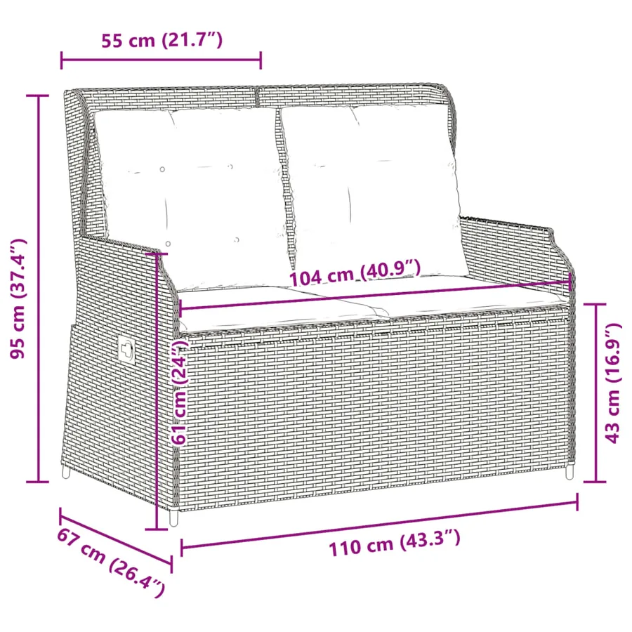 Banc inclinable de jardin avec coussins marron résine tressée - 9