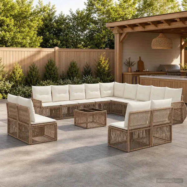 Ensemble de canapé de jardin 14 pcs Beige et blanc crème