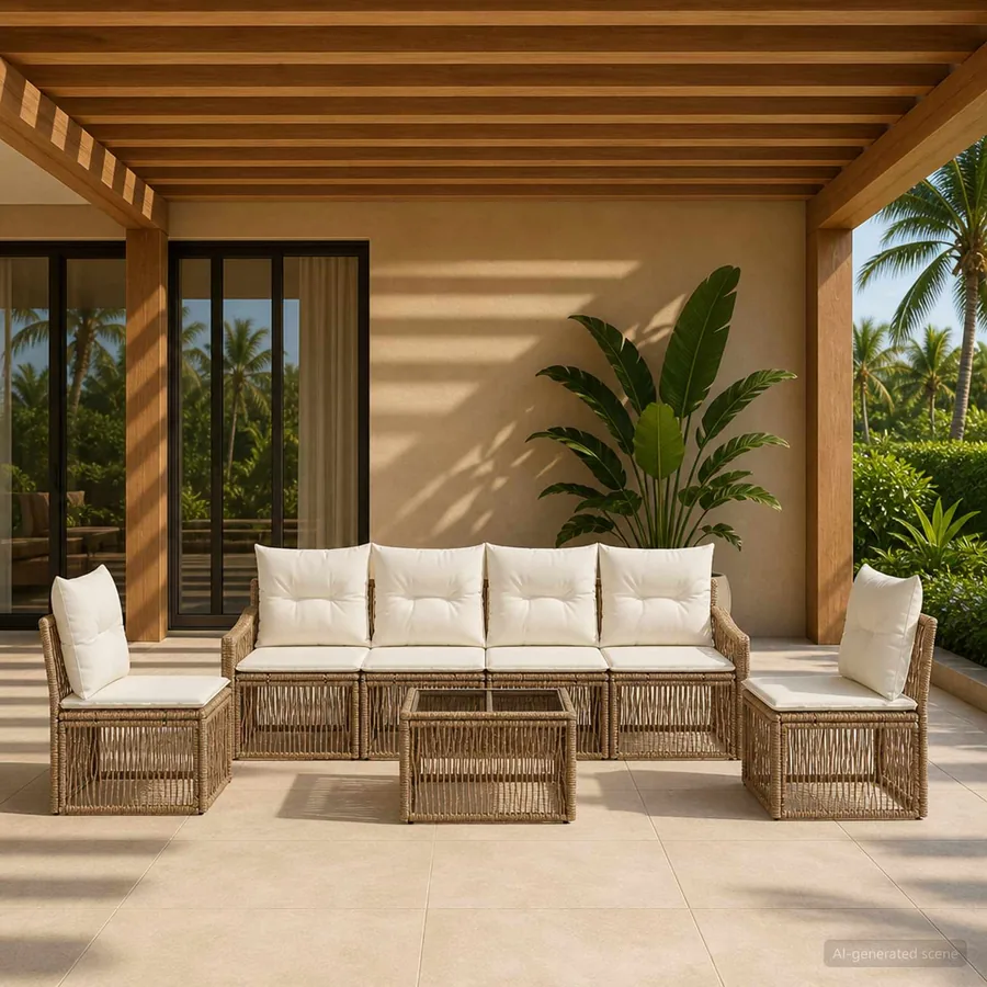 Ensemble de canapé de jardin 7 pcs Beige polyrotin