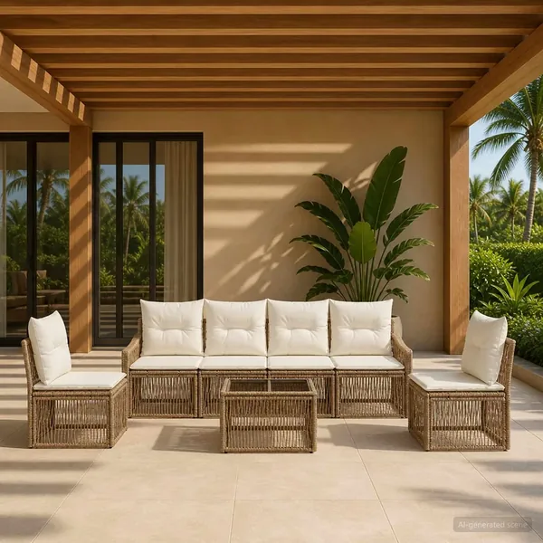 Ensemble de canapé de jardin 7 pcs Beige polyrotin