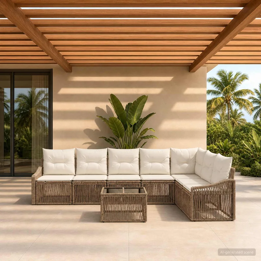 Ensemble de canapé de jardin 8 pcs Beige polyrotin