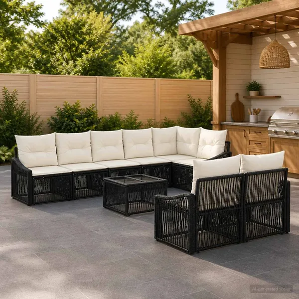 Ensemble de canapé de jardin 9 pcs Noir polyrotin