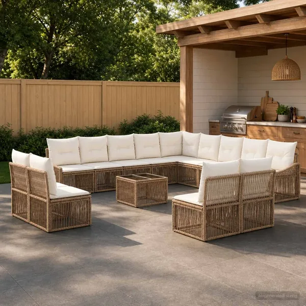 Ensemble de canapé de jardin 14 pcs Beige polyrotin