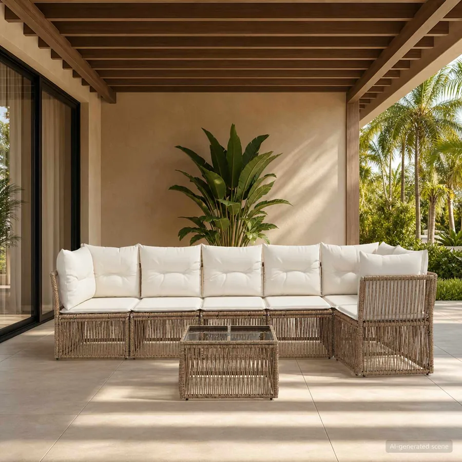 Ensemble de canapé de jardin 7 pcs Beige polyrotin