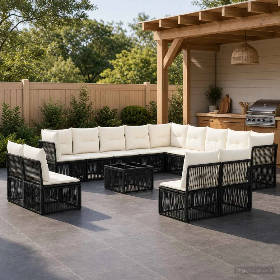 Ensemble de canapé de jardin 14 pcs Noir polyrotin