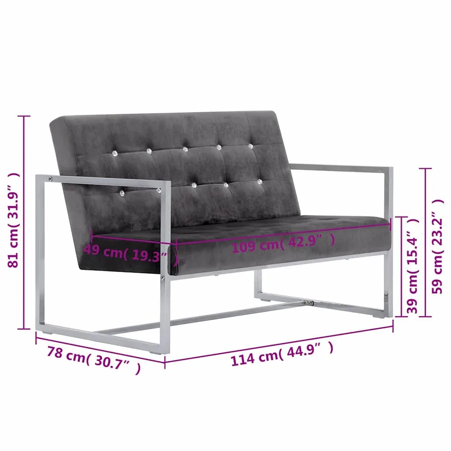 Canapé à 2 places avec accoudoirs gris foncé chrome et velours - 8