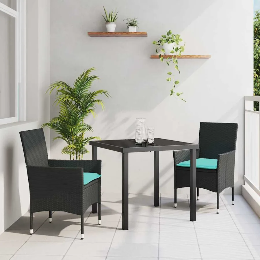 Ensemble table et chaises avec coussin 3 pcs Noir Rotin PE