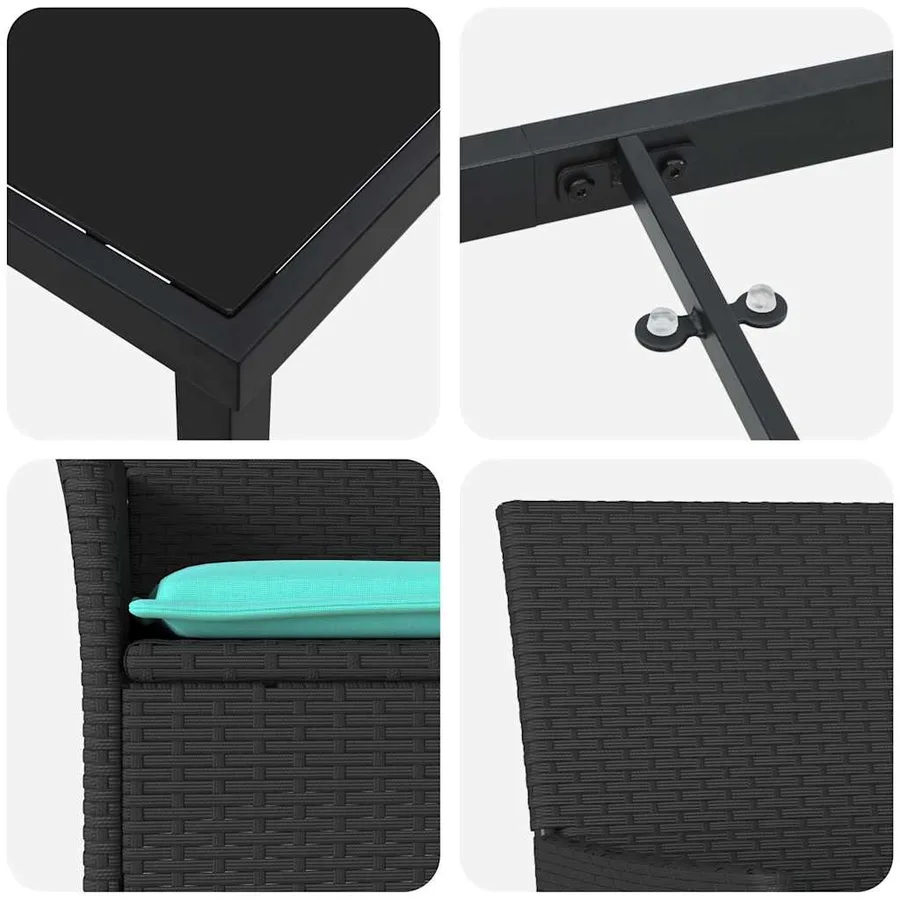 Ensemble table et chaises avec coussin 3 pcs Noir Rotin PE - 9