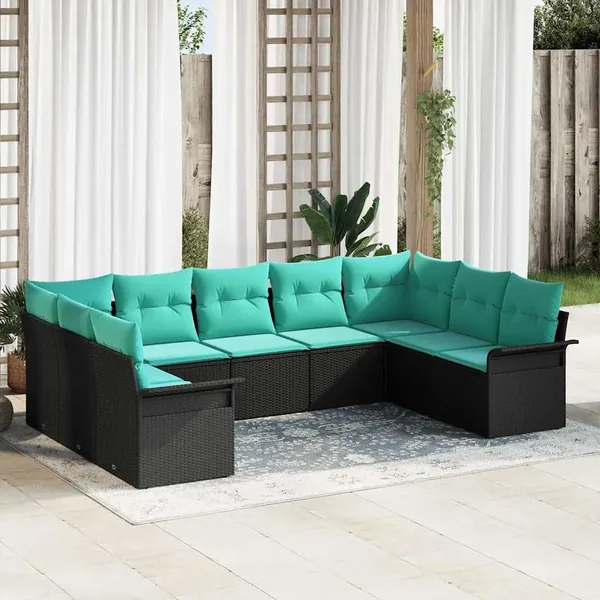 Ensemble de canapé de jardin avec coussin 9 pcs Noir polyrotin