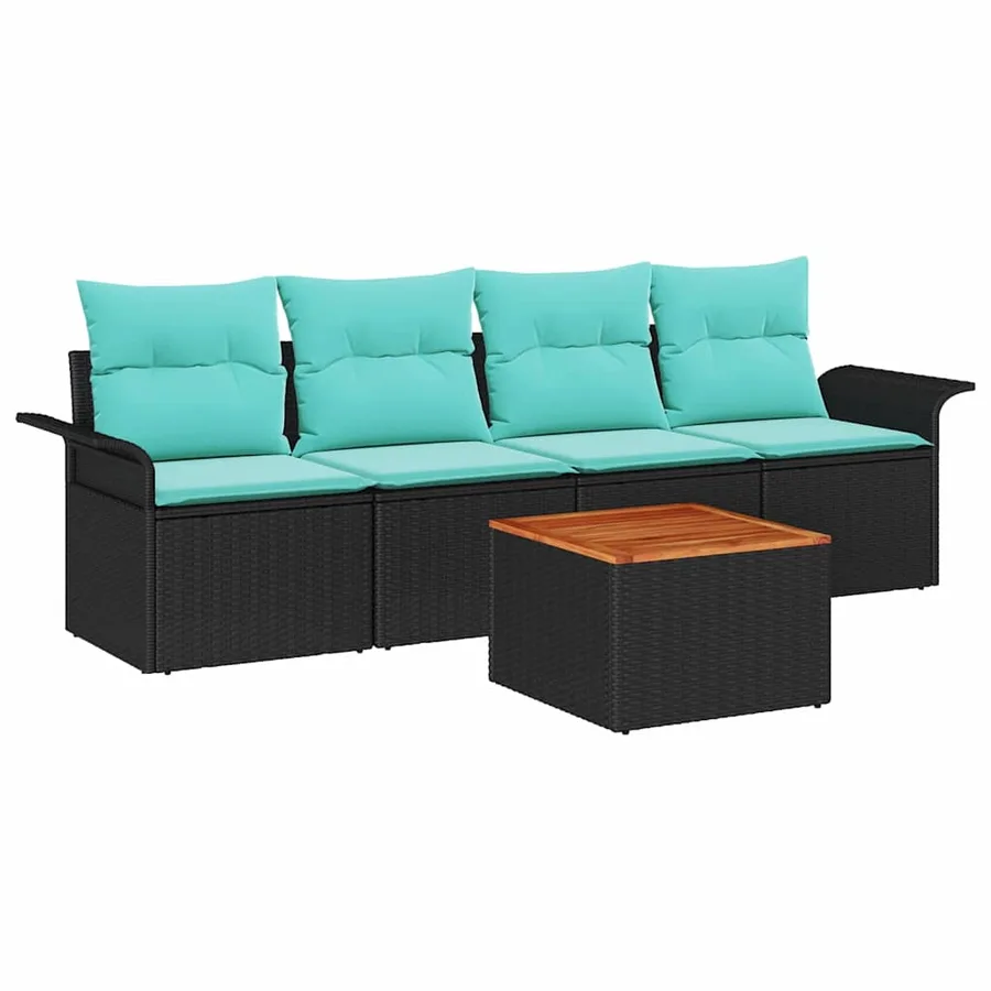 Ensemble de canapé de jardin 5 pcs Noir et turquoise polyrotin - 2