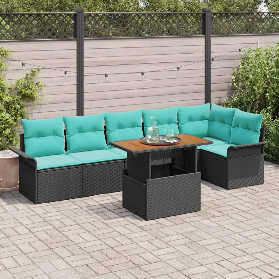 Ensemble de canapé de jardin 7 pcs Noir et Bleu polyrotin