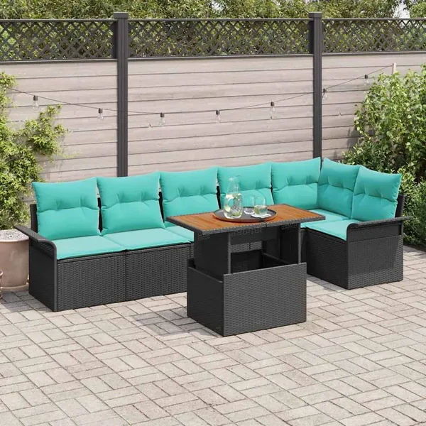 Ensemble de canapé de jardin 7 pcs Noir et Bleu polyrotin